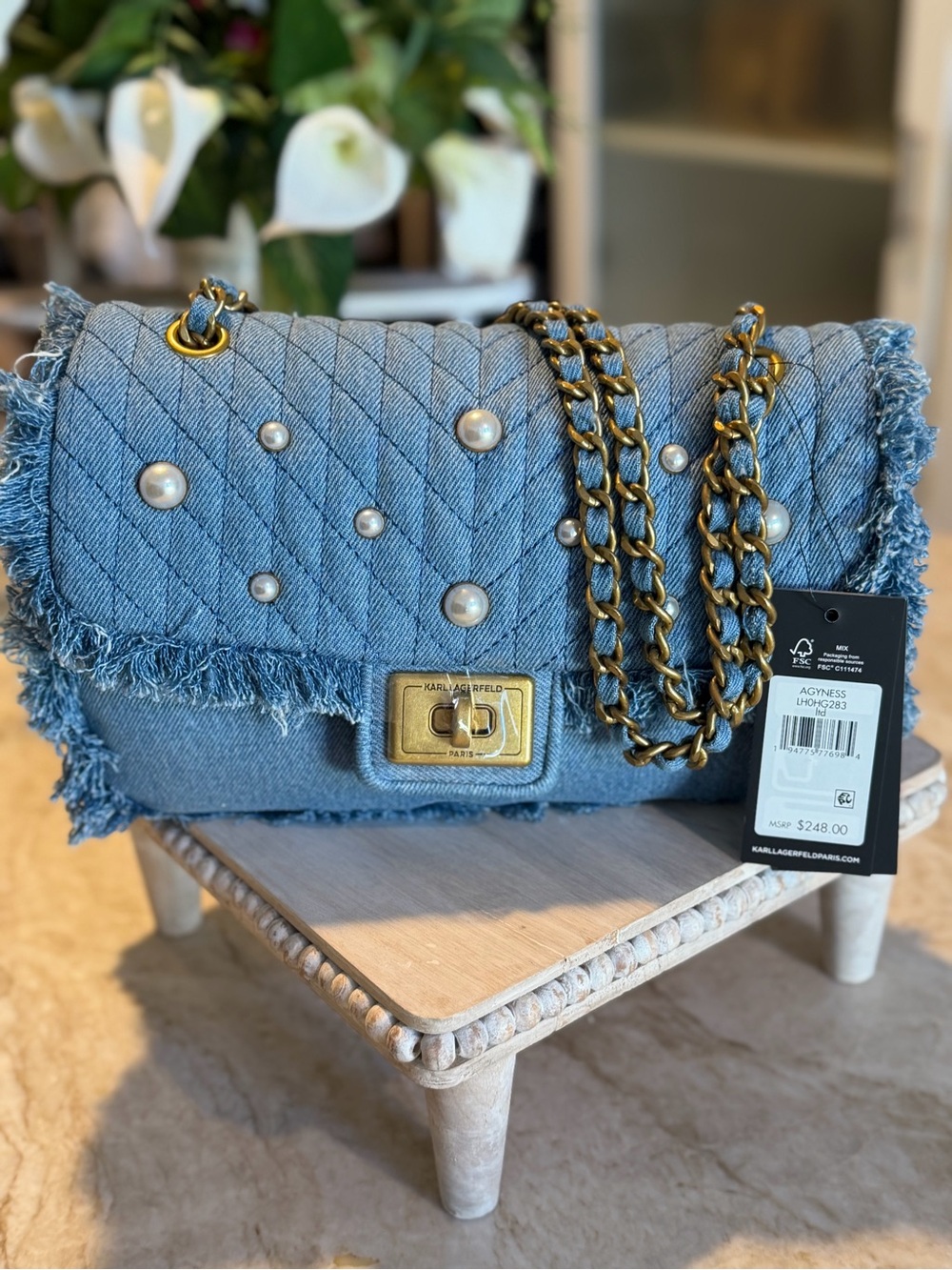 Karl Lagerfeld Denim Pearl-Embellished Chain Shoulder Bag - Light Blue